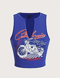 Dragron Motorsiklet ve Harf Baskılı Çentikli Yaka Tank Top-Mavi 